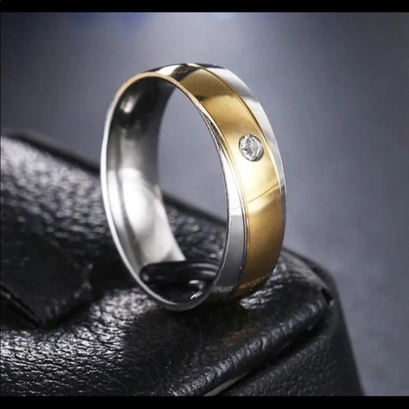 NEW Stainless Steel Wedding Band Ring Silver and Gold Cubic Zirconia Men Women - Picture 1 of 4